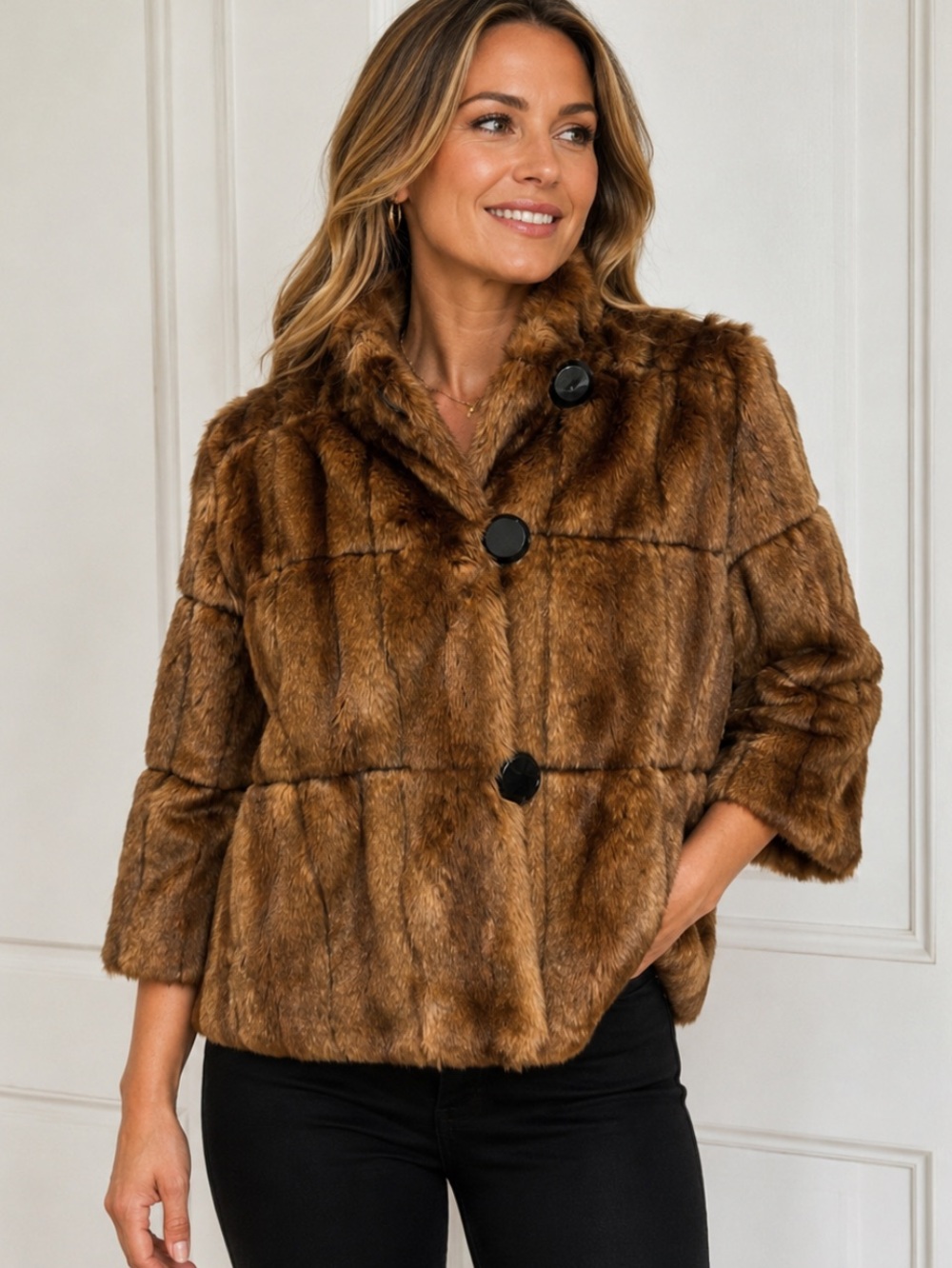 New! INC INTERNATIONAL CONCEPTS FAUX FUR JACKET BROWN 3/4 SLEEVES SIZE SMALL
